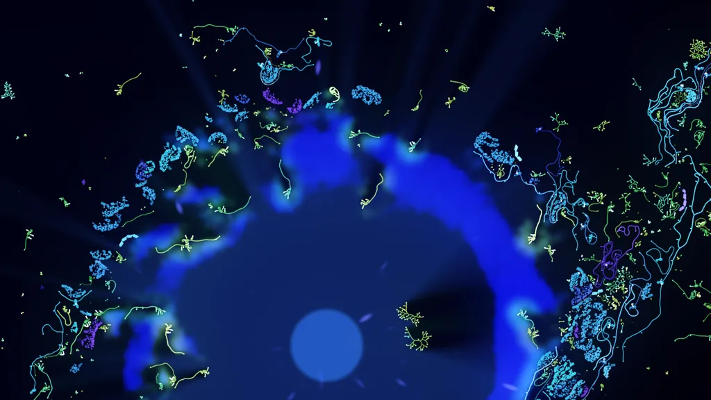 Light from the center of a vortex shining through glowing fluid and creatures